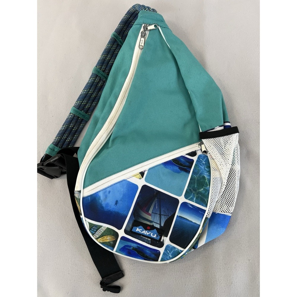 Kavu Busy Livin Rope Sling Backpack Surfing Ocean Theme Teal‎ Blue
